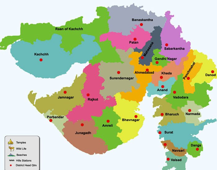 Gujarat Districts  and District Headquaters Map
