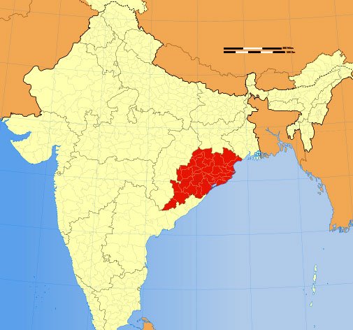 Location of Orissa on Indian Map